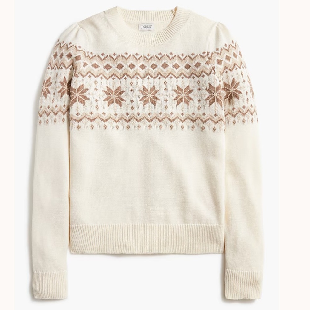 J. Crew 100% Cotton Fair Isle Ivory Brown Crewneck Sweater Puff Slv Sz M SOOL